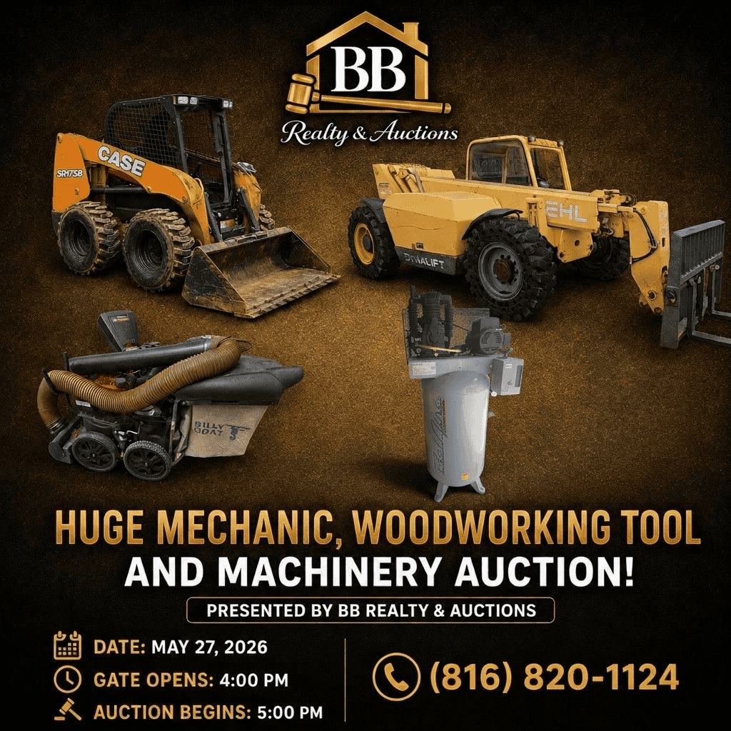 🛠️ HUGE INDEPENDENCE, MO TOOL & MACHINERY AUCTION 🛠️ Info: https://busybeever.com/huge-independence-mo-mechanic-woodworking-tool-and-machinery-auction/ Address: 23208 East US 24 Hwy Independence, MO 64056 GPS: https://maps.app.goo.gl/qZ92WdT6W4PW5ds26 This Massive 2-Part Retirement Auction Is Loaded With Mechanic Tools, Woodworking Equipment, Heavy Machinery, Shop Inventory, Diagnostic Equipment, Outdoor Equipment, And Brand-New Inventory. Whether You’re A Mechanic, Contractor, Woodworker, Collector, Flipper, Or Online Reseller — This Auction Is Packed With Opportunity. 🚜 FEATURED EQUIPMENT: • 2022 Case SR175B Skid Loader (Under 400 Hours) • Gehl Telehandler DL-6L • Multiple Vehicle & Motorcycle Lifts • Industrial Air Compressors • Huge US General Tool Boxes • Woodworking Machinery & Specialty Shop Equipment 🔧 THOUSANDS OF DOLLARS IN: • Mechanic Tools • Ratchet & Wrench Sets • Diagnostic Equipment • Woodworking Tools • Power Tools • Outdoor Equipment • Brand New In-Box Inventory • Fiber optic splicing and testing equipment • Commercial Shop Equipment 🔥 Perfect For: • Mechanics • Contractors • Hobbyists • eBay & Online Resellers • Shop Owners • Collectors 📅 May 27th, 2026 🚪 Gates Open At 4:00 PM 🔨 Auction Starts At 5:00 PM Bring Your Trailer, Bring Your Friends, And Be Ready To Bid — There Are Going To Be Incredible Deals All Night Long. 📞 Questions? Call (816) 820-1124 #KansasCityAuction #IndependenceMO #ToolAuction #MechanicTools #WoodworkingTools #HeavyEquipment #CaseSkidLoader #ShopTools #BusinessLiquidation #MachineryAuction #MissouriAuctions #ResellerLife #ContractorTools #BBRealtyAndAuctions